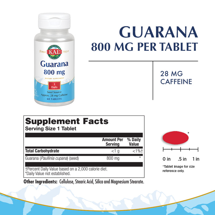 KAL Guarana 800 mg | Approx. 28 mg of Naturally Occurring Caffeine | Healthy Energy & Focus Support | 60 Tablets