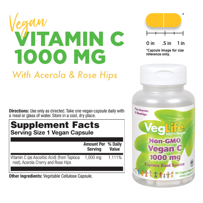 VegLife Vegan Vitamin C 1000mg, Non GMO | From Tapioca | W/ Acerola & Rose Hips | Immune Support | 90 VegCaps