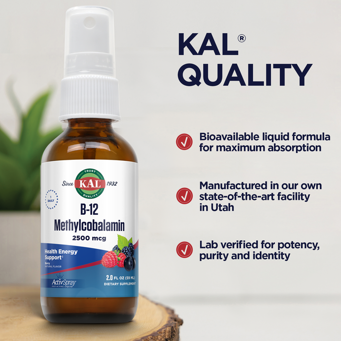 KAL Vitamin B12 Methylcobalamin ActivSpray 2500mcg, Healthy Energy, Metabolism, Nerve & Red Blood Cell Support,* Fast-Acting Liquid B12, Maximum Absorption, Natural Berry Flavor, 80 Servings, 2 fl oz
