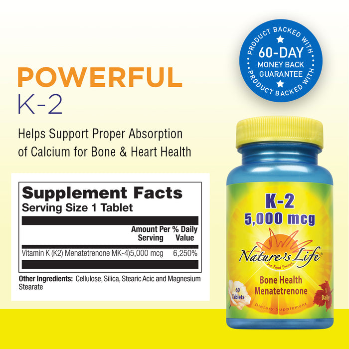 Nature's Life Vitamin K2 5000mcg | High Potency MK4 Formula Helps Support Bone & Cardiovascular Health | Non-GMO | 60 Vegetarian Tablets