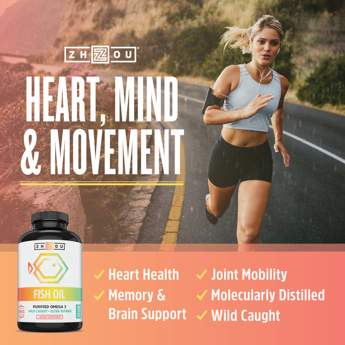 Zhou Fish Oil | Max Strength Omega 3 Fatty Acids with EPA and DHA | Heart, Joint and Brain Health Formula | 90 Servings, 180 CT
