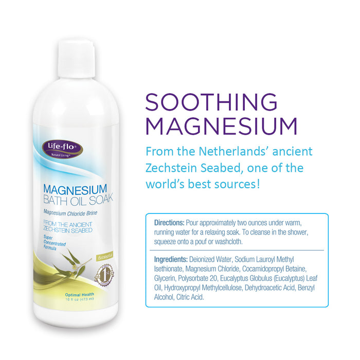Life-flo Magnesium Oil Bath Soak Lavender Scent, Plus Magnesium Chloride from Zechstein Seabed, Cleanses and Refreshes, Relaxes Muscles and Joints, 60-Day Guarantee, Not Tested on Animals (Eucalyptus)