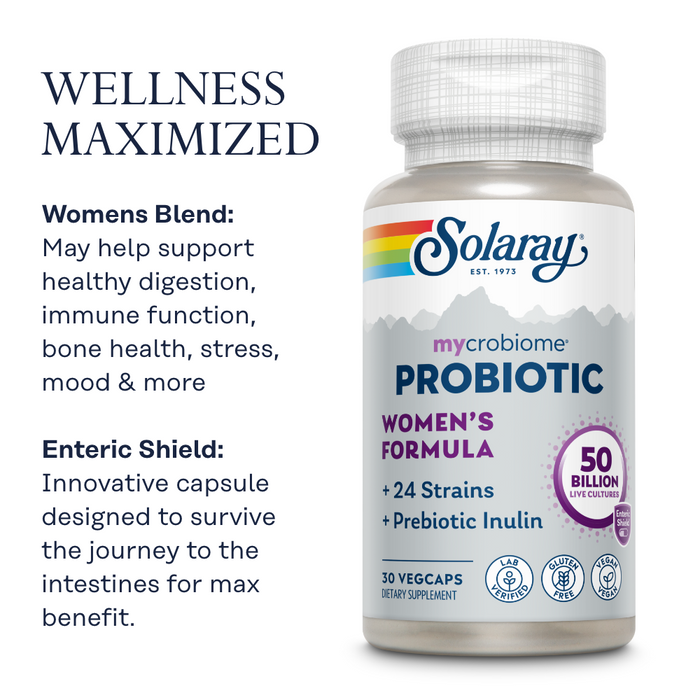 Solaray Mycrobiome Probiotic Women’s Formula, 24 Strains Plus Prebiotic Inulin, Specially Formulated for Women, Digestion, Mood & Urinary Tract Support, 50 Billion CFU, 30 Servings, 30 VegCaps