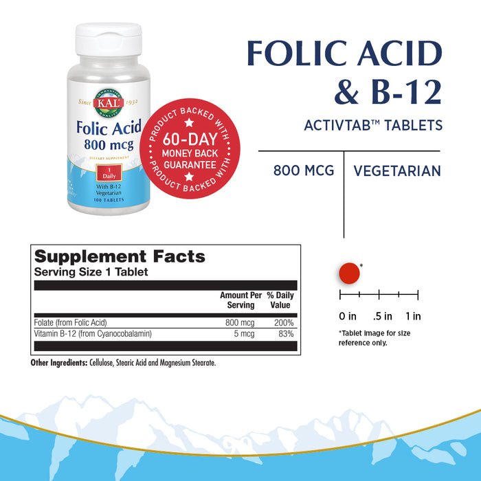 KAL Folic Acid & B-12 | Healthy Support for Pregnant Women & Normal Blood Cells | ActivTab Technology | Vegetarian | Lab Verified | 100 Tablets