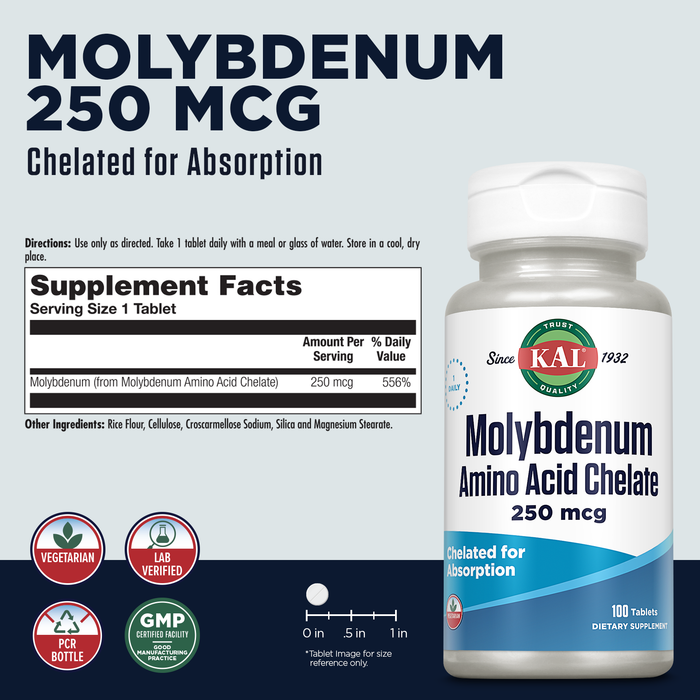 KAL Molybdenum Supplement, Amino Acid Chelate 250 mcg, Antioxidant Levels, Protein Synthesis and Metabolism Support, Vegetarian, Rapid Disintegration Tablets, 60-Day Guarantee, 100 Serv, 100 Tablets