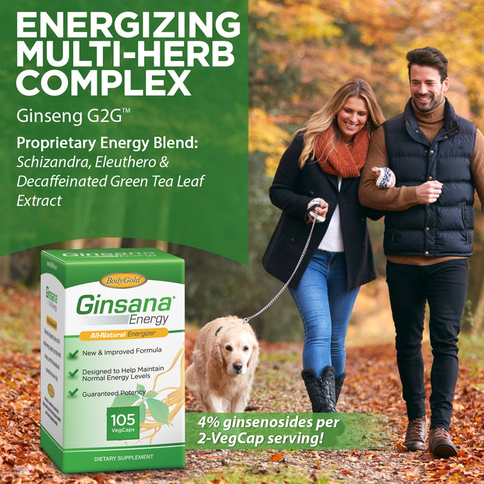 BodyGold Ginsana Energy | Panax Ginseng Extract w/ Energizing Herbal Blend for Focus & Endurance | Schizandra Berry, Eleuthero Root, and Decaffeinated Green Tea Leaf Extract | 52 Serv | 105 VegCaps