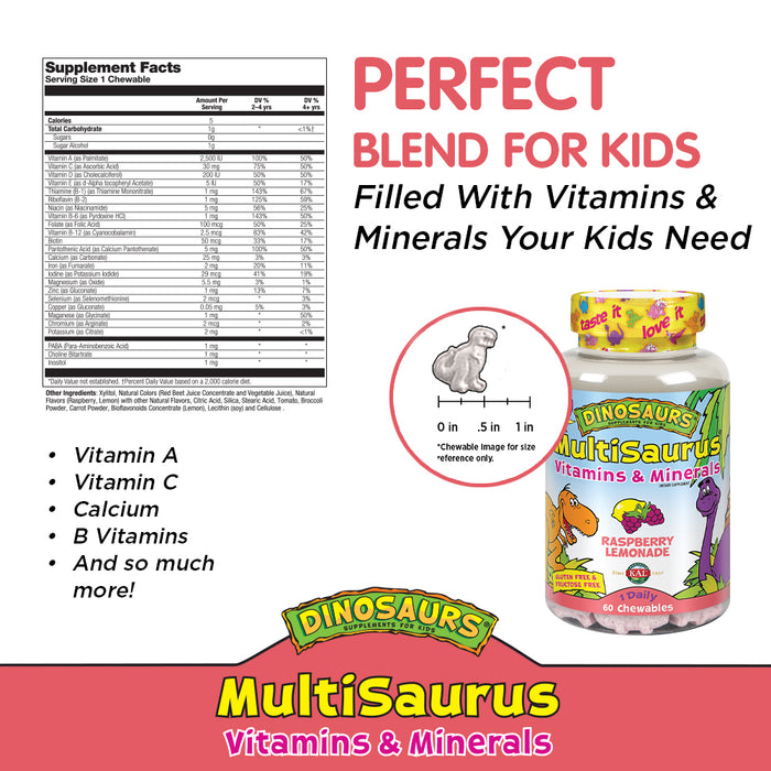 KAL Kids MultiSaurus Vitamins & Minerals | Raspberry Lemonade Flavor | Childrens Daily Multivitamin | 60 Chewables