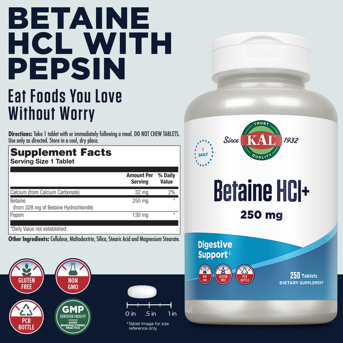 KAL Betaine HCL with Pepsin, Digestive Health Supplement with 250mg Betaine Hydrochloride Plus 130mg Pepsin, Gluten Free, Non-GMO, 60-Day Guarantee, Rapid Disintegration Tablets, 250 Servings, 250ct