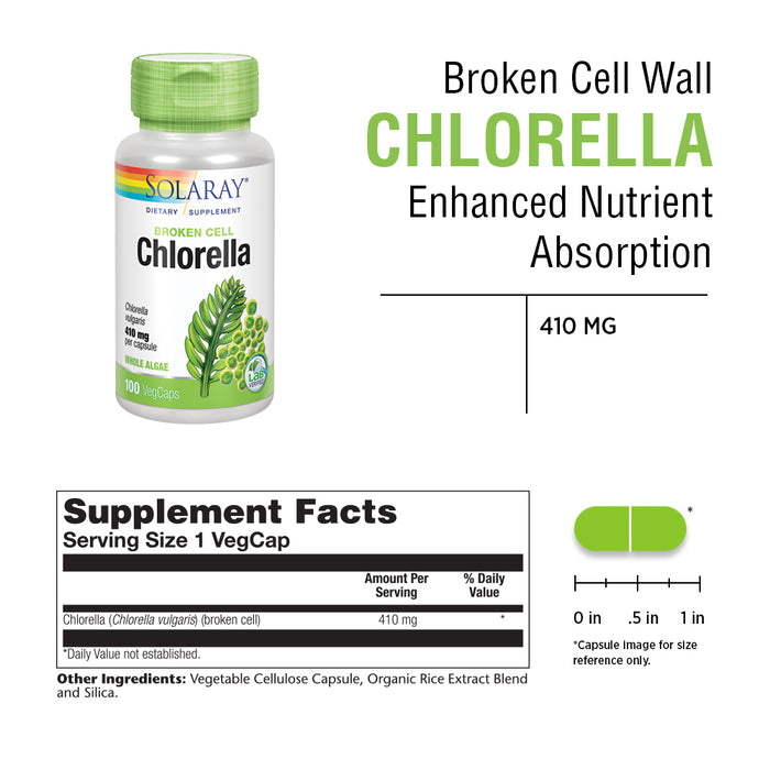 Solaray Broken Cell Chlorella 410 mg | Nutrient-Rich Superfood w/ Naturally Occurring Protein, Vitamins, Minerals, Chlorophyll | Non-GMO | 100 VegCaps