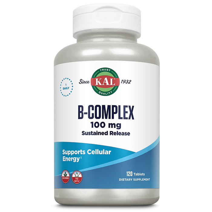 KAL B-100 Complex - Sustained Release Vitamin B Complex - Healthy Energy Support with Natural Support Base and Fresh Minty Coating - Vegetarian - 60 Day Guarantee - 120 Servings, 120 Tablets