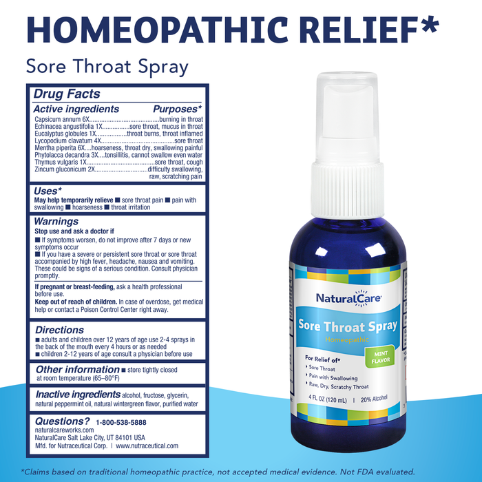 NaturalCare Sore Throat Spray, Homeopathic Formula for Sore Throat Relief*, Temporarily Relieves Scratchy, Dry Throat, Pain with Swallowing & Hoarseness*, Refreshing Mint Flavor, 4oz