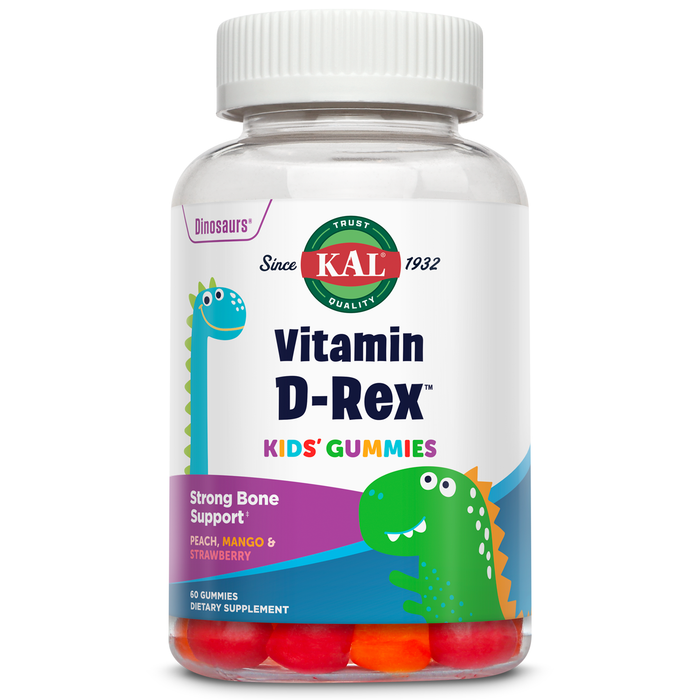 KAL Vitamin D-Rex - Vitamin D Gummies for Kids - Kids Vitamin D3 - Peach, Mango, and Strawberry Flavors - Immune, Heart, Bone & Oral Support - Vegetarian, Gluten Free - 60 Servings, 60 Gummies