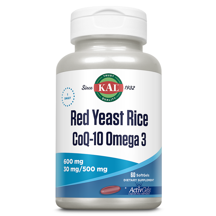 KAL Red Yeast Rice CoQ10 Omega 3 Supplement, Heart Health and Circulation Support, with Red Yeast Rice 600mg, CoQ10 30mg, Plus 500mg Omega 3 Fish Oil, 60-Day Guarantee, 60 Servings, 60 Softgels
