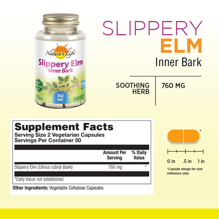 Nature's Life Slippery Elm Inner Bark 760 mg | Healthy Immune Function and Gastrointestinal Support | Non-GMO & Lab Verified | 100 Vegetarian Capsules
