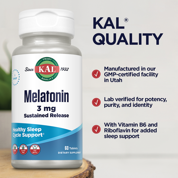 KAL Melatonin 3mg Sustained Release Sleep Aid, Melatonin Supplement Supports Healthy Relaxation, a Calm Feeling and a Proper Sleep Cycle, w/ Added Vitamin B6, Vegan, Gluten Free