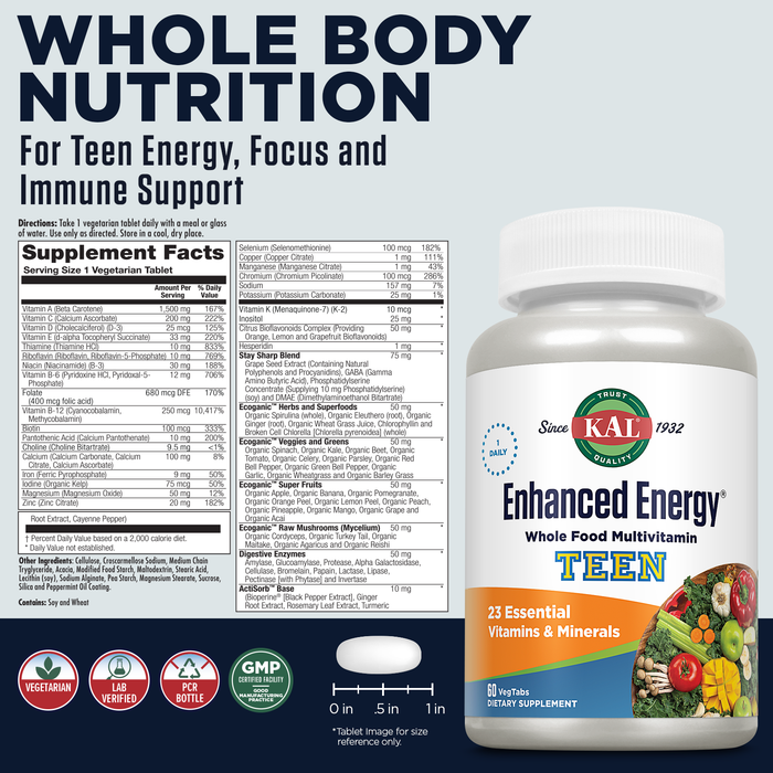 KAL Teens Enhanced Energy Supplements - Once Daily Whole Food Multivitamin w/ Iron - 23 Vitamins and Minerals - Brain and Immune Support w/ Super Foods - Vegetarian, 60-Day Guarantee, 60 Serv, 60 Tabs