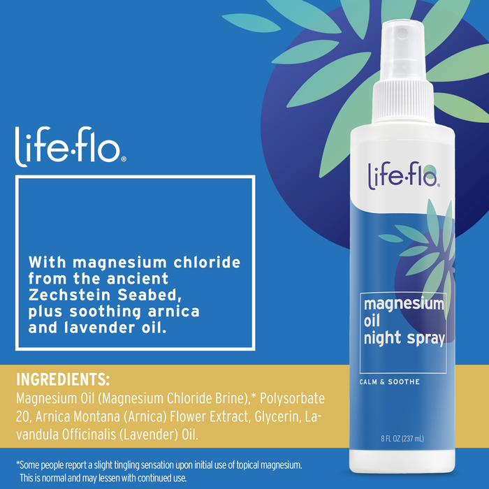 Life-flo Magnesium Oil Night Spray, Soothing Magnesium Spray w/ Magnesium Chloride from Zechstein Seabed and Lavender Oil, Calms and Relaxes Body and Mind, 60-Day Guarantee, Not Tested on Animals, 8oz
