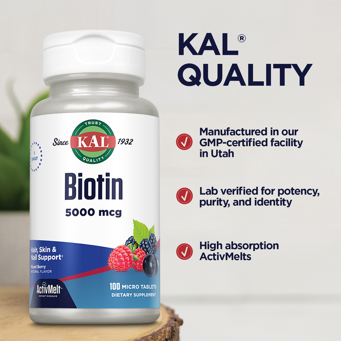 KAL Biotin 5000mcg ActivMelt, Healthy Hair Skin & Nails Vitamins for Women and Men, Fast Acting Supplement Designed for High Absorption, Vegetarian, GMP Facility, 100 Servings, 100 Micro Tablets