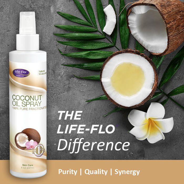 Life-flo Fractionated Coconut Oil Spray, Refined Liquid Coconut Oil for Skin Care, Hair Care, Lightweight Moisturizer, All Skin Types, Hypoallergenic, 60-Day Guarantee, Not Tested on Animals, 8oz