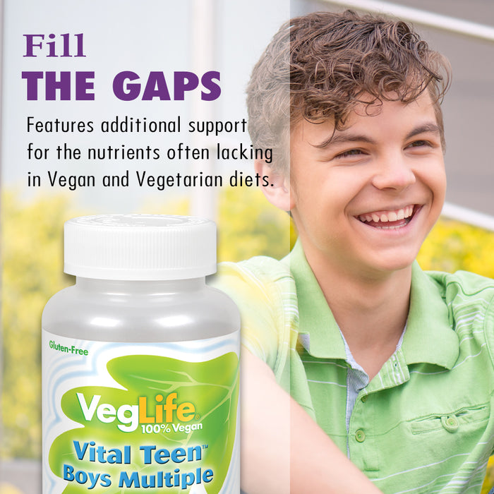 VegLife Vital Teen Boys Multiple Vitamin with Iron | Vegan, Vegetarian | 60 Count