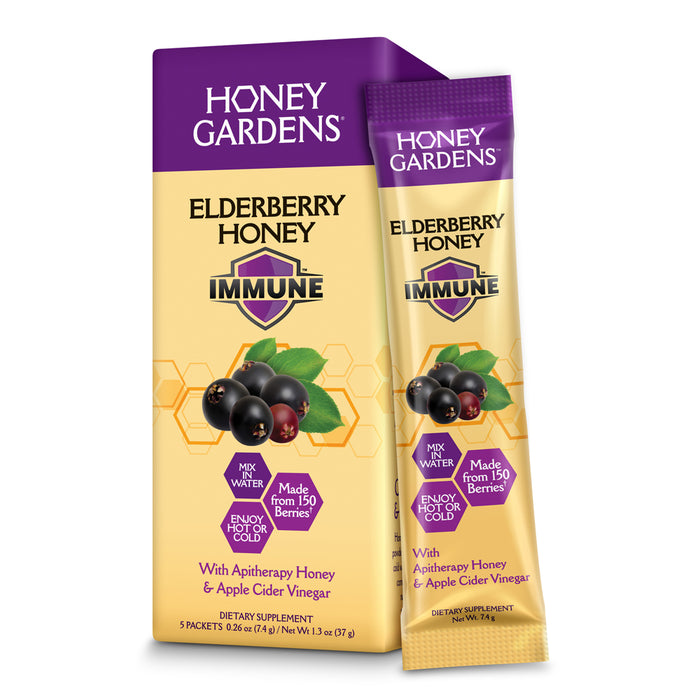 Honey Gardens Elderberry Syrup with Grade A Raw Honey, Propolis, Organic ACV & Elderberries | Traditional Immune Formula w/Echinacea  | Made in the USA |  5 Packets