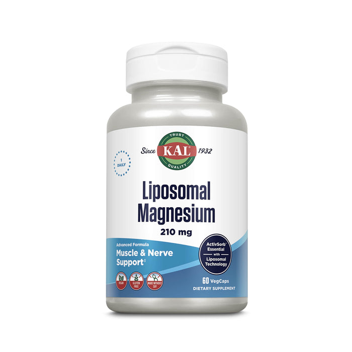 KAL Liposomal Magnesium Oxide 210 mg, High Absorption Magnesium Supplement, Liposomal Technology, Muscle and Nerve Support, Vegan, Gluten Free, No Soy, 60 Servings, 60 VegCaps