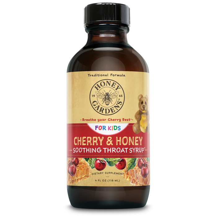 Honey Gardens Kids Cherry & Honey Soothing Throat Syrup, Herbal Infused Raw Honey Syrup, Apitherapy Formula Includes Extracts of Umckaloabo, Black Cherry, Marshmallow, 24 Servings, 4 FL. OZ.