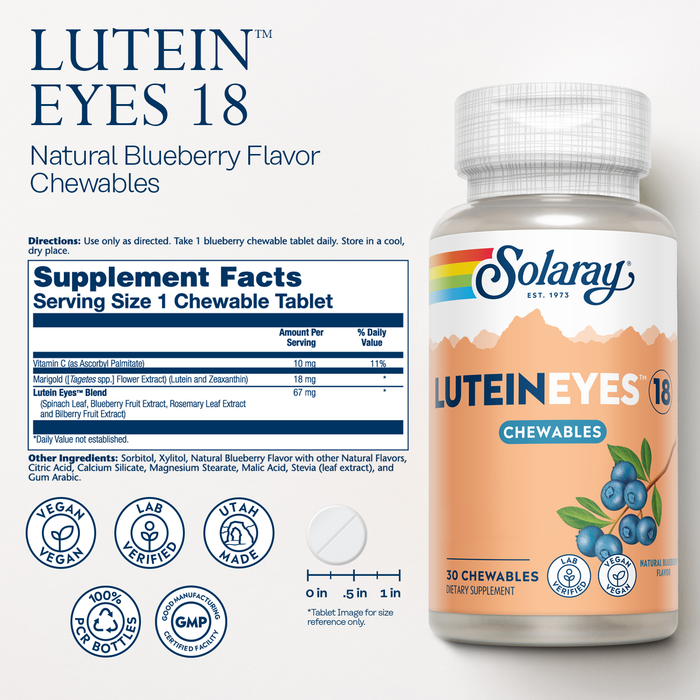 Solaray Chewable Lutein Eyes 18 | Eye & Macular Health Support Supplement w/ Naturally Occurring Lutein and Zeaxanthin | Non-GMO | 30 Chewables