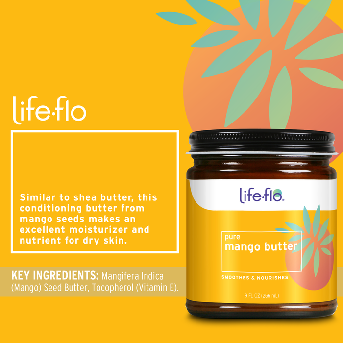 Life-flo Pure Mango Butter, Soothing Moisturizer for Dry Skin Care, Smooths and Nourishes, Doubles as Lip Balm, Nail / Cuticle Cream, Hand and Body Lotion, 60-Day Guarantee, Not Tested on Animals, 9oz (Mango Butter)