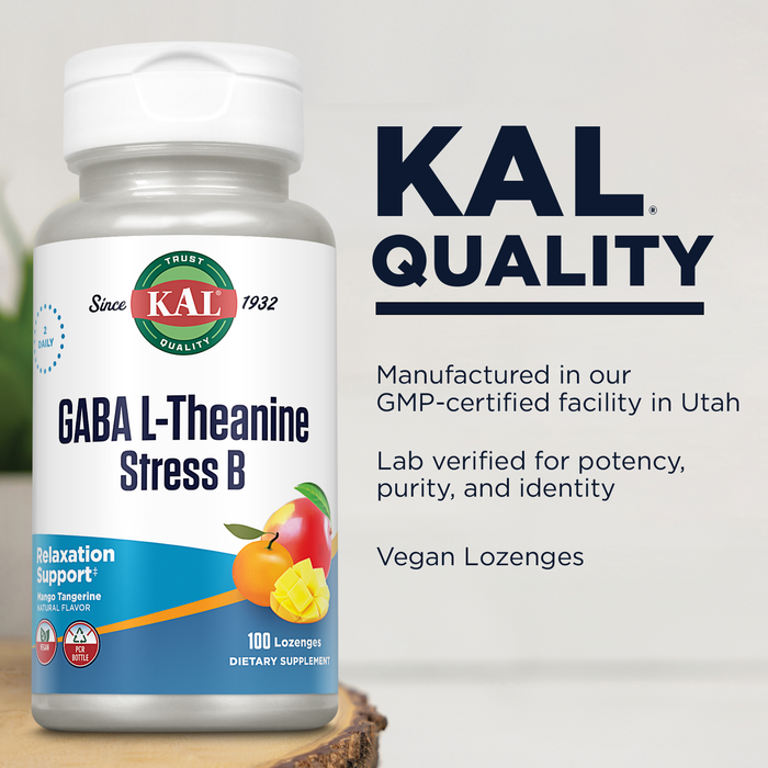 KAL GABA L-Theanine Stress B Lozenge | Healthy Relaxation, Mood & Focus Support | B Complex Vitamins | Natural Mango Tangerine Flavor | 100 Lozenges