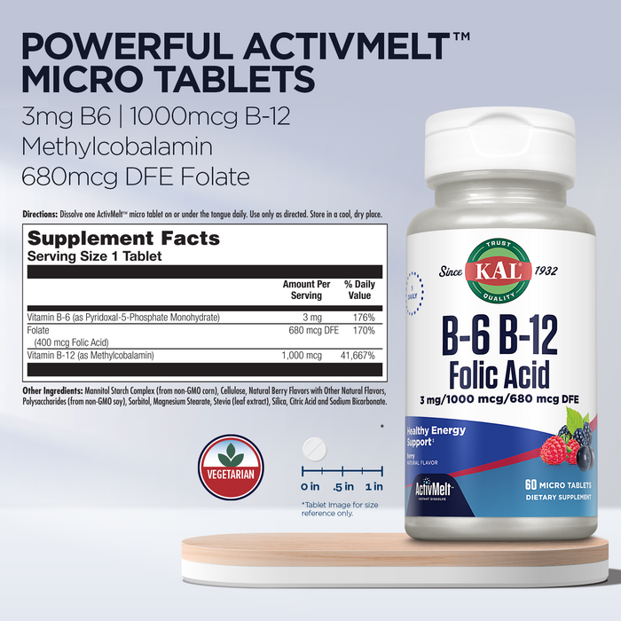 KAL B-6, B-12, and Folic Acid ActivMelt | Healthy Heart & Energy Support | Natural Berry Flavor | Superior Vitamin B Complex | 60 Micro Tablets
