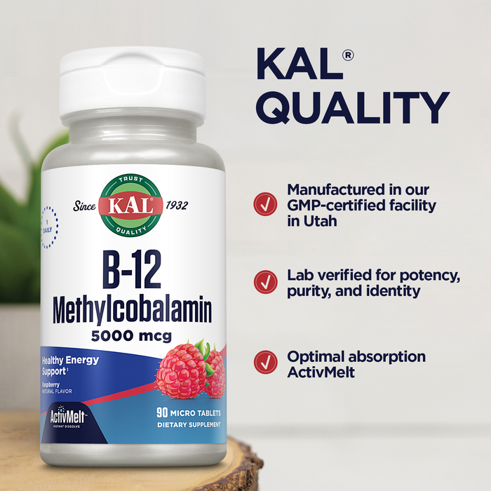 KAL B-12 Methylcobalamin 5000mcg ActivMelt, Raspberry Flavor | Healthy Metabolism, Energy & Red Blood Cell Support, 90ct
