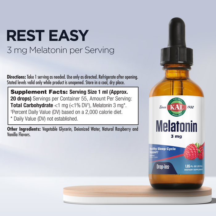 KAL Melatonin DropIns 3mg, Healthy Sleep Aid Support, Liquid Melatonin Drops for Optimal Absorption & Calming Relaxation Support, Fast Acting, Natural Raspberry Flavor, Approx. 55 Servings, 1.85oz