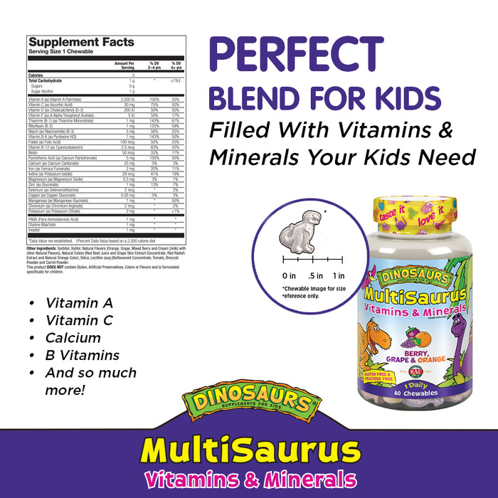 KAL Kids MultiSaurus Vitamins & Minerals | Berry, Grape & Orange Flavor | Childrens Daily Multivitamin | 60 Chewables