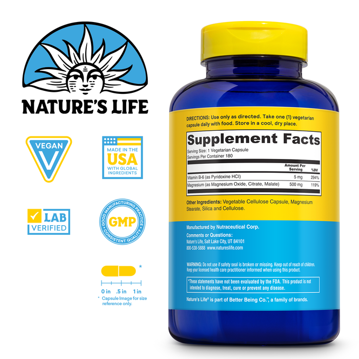 Nature’s Life Renewing Magnesium 500 mg - Magnesium Citrate, Magnesium Malate, Magnesium Oxide Plus Vitamin B-6 - Muscles and Nerves Support - Lab Verified (180 Servings, 180 VegCaps)