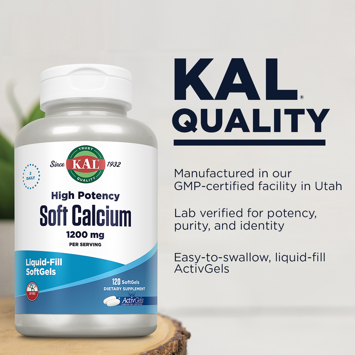 KAL Soft Calcium 1200 mg, High Potency Calcium Supplement with Vitamin D3, Bone Health, Strong Teeth, Immune Support, High Absorption ActivGels, Soy Free, 60-Day Guarantee, 60 Servings 120 Softgels
