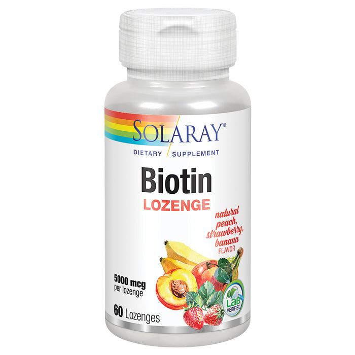 Solaray Biotin 5000 mcg | Natural Peach, Strawberry, Banana Flavor | Healthy Hair, Skin & Nails Support | 60 Lozenges