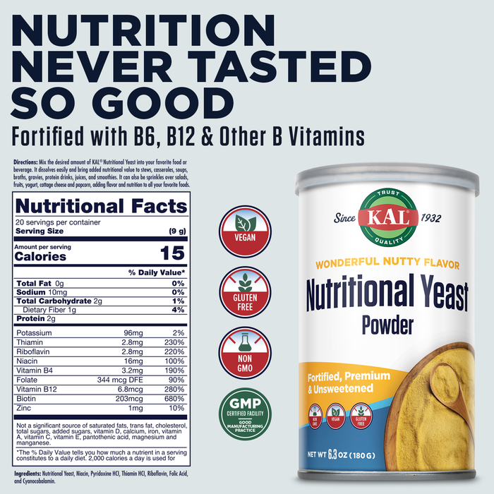 KAL Nutritional Yeast Powder, Fortified with B6, B12, Folic Acid and Other B Vitamins, Premium and Unsweetened, Great Nutty Flavor, Vegan, Gluten Free, Non-GMO, 60-Day Guarantee, 20 Servings, 6.3oz