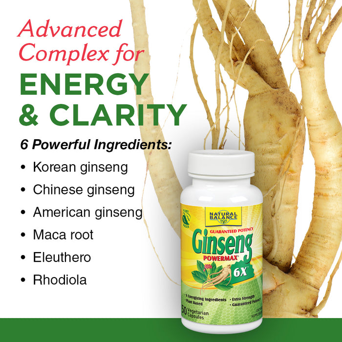 Natural Balance Ginseng PowerMax 6x | Energizing Formula with Ginseng, Eleuthero, Maca & Rhodiola for Cognitive Support | 50 VegCaps, 25 Servings