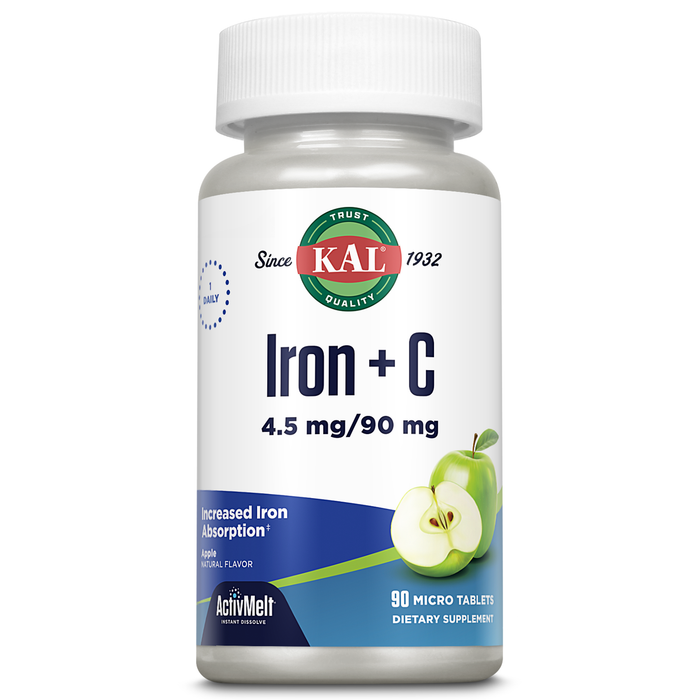 KAL Iron Plus C, Instant Dissolve Iron Supplement for Women and Men, Increased Absorption Iron Pills, Natural Apple Flavor, 60-Day Money-Back Guarantee, GMP Facility, 90 Servings, 90 Micro Tablets