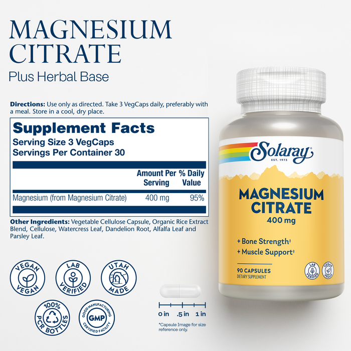 Solaray Magnesium Citrate 400mg - Bone Strength, Muscle Recovery, and Digestion Support - Herbal Base - Vegan, Lab Verified, 60-Day Money-Back Guarantee - 30 Servings, 90 VegCaps