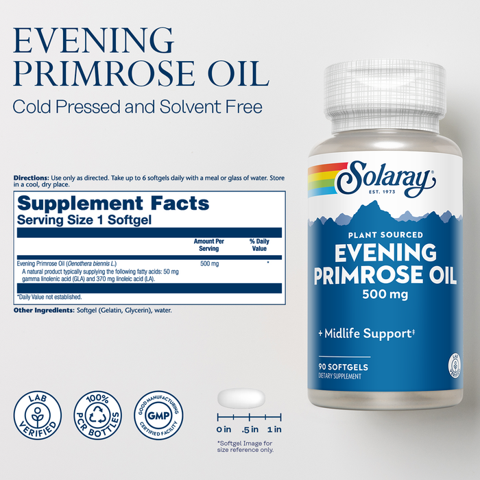 Solaray High Potency Evening Primrose Oil 500mg - Midlife Support - Source of Gamma Linolenic Acid and Linoleic Acid - No Solvents, Cold Pressed - 90 Servings, 90 Softgels