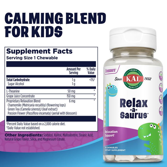 KAL Relax-a-Saurus, Stress Support Supplement for Kids, L-Theanine for Children with Herbal Stress Relief & Relaxation & Blend, Delicious Natural Grape Flavor, 60-Day Guarantee, 30 Chewables Pack of 3