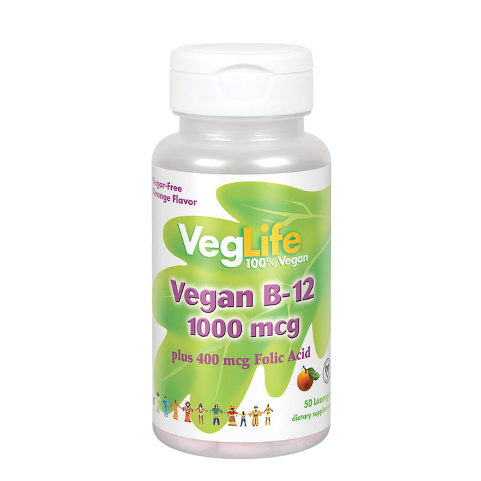VegLife Vegan B12 + Folic Acid 1000mcg | Energy Metabolism, Heart & Cellular Health Support | Orange Flavor, Vegan, No Sugar | 50 Lozenges