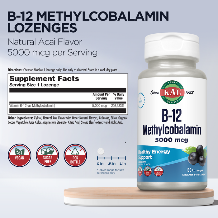 KAL Vitamin B-12 Methylcobalamin Lozenges 5000mcg, Healthy Energy, Metabolism, Nerve & Red Blood Cell Support,* Optimal Absorption, Natural Acai Flavor, Vegan, Sugar Free, 60 Servings, 60 Lozenges