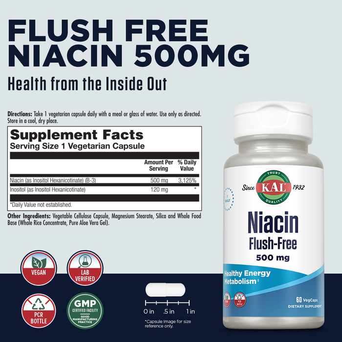KAL Niacin 500mg Flush Free - Vitamin B3 Supplement - Metabolism and Energy Support - Skin, Nerve, Digestive Health and Circulation Support - Vegan Vitamin, 60-Day Guarantee, 60 Servings, 60 VegCaps