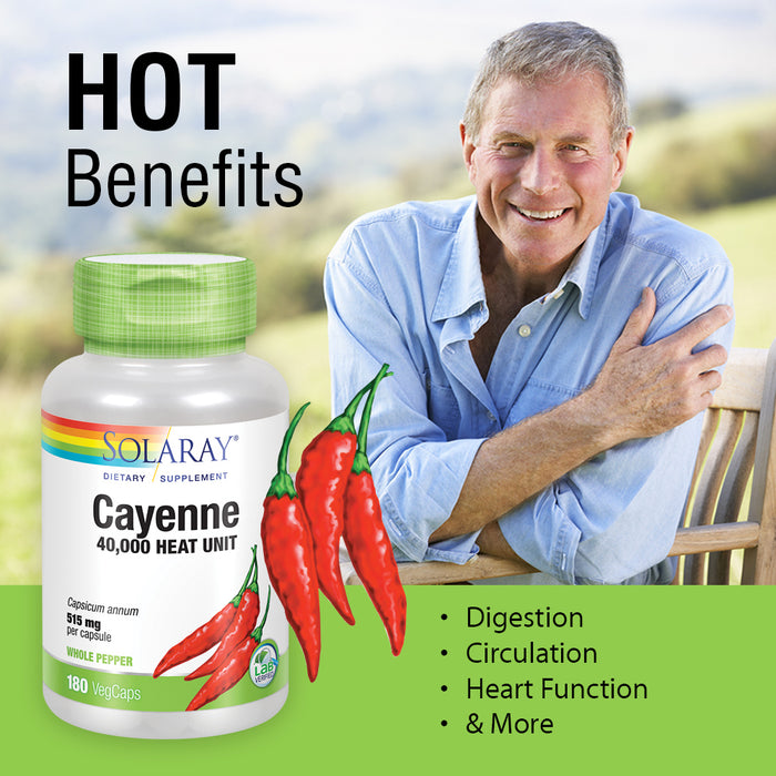 Solaray Cayenne Pepper 515 mg | 40,000 Heat Unit | Healthy Digestion, Circulation, Metabolism & Cardiovascular Support | Non-GMO | 180 VegCaps