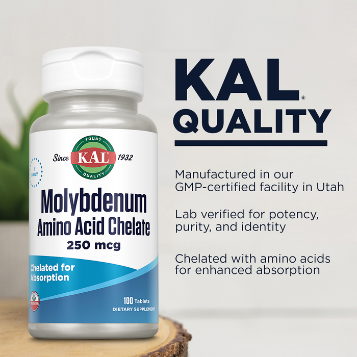 KAL Molybdenum Supplement, Amino Acid Chelate 250 mcg, Antioxidant Levels, Protein Synthesis and Metabolism Support, Vegetarian, Rapid Disintegration Tablets, 60-Day Guarantee, 100 Serv, 100 Tablets