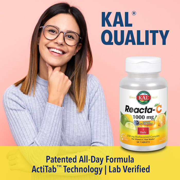 KAL Reacta-C Vitamin C 1000mg with Bioflavonoids | Patented All Day Immune Support | Non-Acidic | 60 Tablets, 60 Serv.