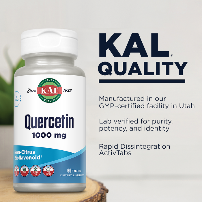 KAL Quercetin 1000mg Immune Support Supplement, Wellness Formula w/ Bioflavonoids for Immune Defense and Overall Health Support, Vegan, Gluten Free, Non-GMO, 60-Day Guarantee, 60 Servings, 60 Tablets